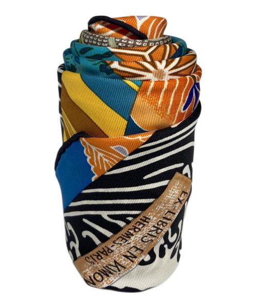 HERMES（エルメス）HERMES (エルメス) カレ90 スカーフ EX-LIBRIS EN KIMONOS キモノ エクスリブリス ブルー×オレンジの古着・服飾アイテム