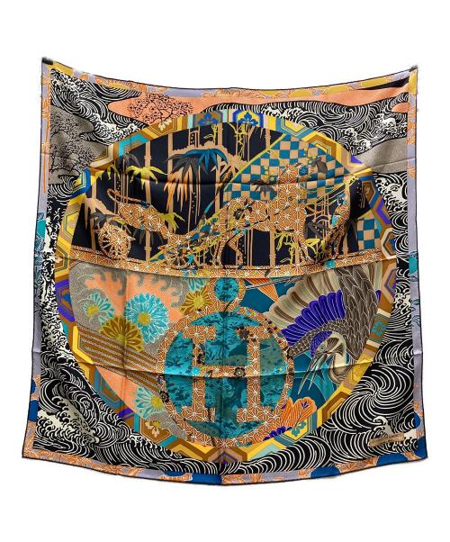 HERMES（エルメス）HERMES (エルメス) カレ90 スカーフ EX-LIBRIS EN KIMONOS キモノ エクスリブリス ブルー×オレンジの古着・服飾アイテム