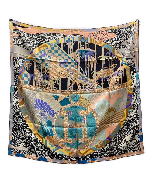 HERMES（エルメス）HERMES (エルメス) カレ90 スカーフ EX-LIBRIS EN KIMONOS キモノ エクスリブリス ブルー×オレンジの古着・服飾アイテム