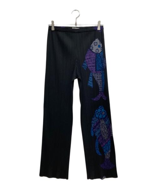 PLEATS PLEASE（プリーツプリーズ）PLEATS PLEASE (プリーツプリーズ) フィッシュプリント ストレートパンツ ブラック サイズ:2の古着・服飾アイテム