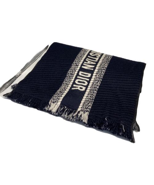 Christian Dior（クリスチャン ディオール）Christian Dior (クリスチャン ディオール) ロゴ オブリーク ビッグ マフラー ネイビー×ホワイトの古着・服飾アイテム