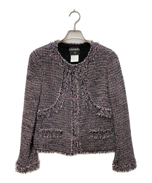 CHANEL（シャネル）CHANEL (シャネル) ノーカラーツイードジャケット レッド×ブラック サイズ:42の古着・服飾アイテム