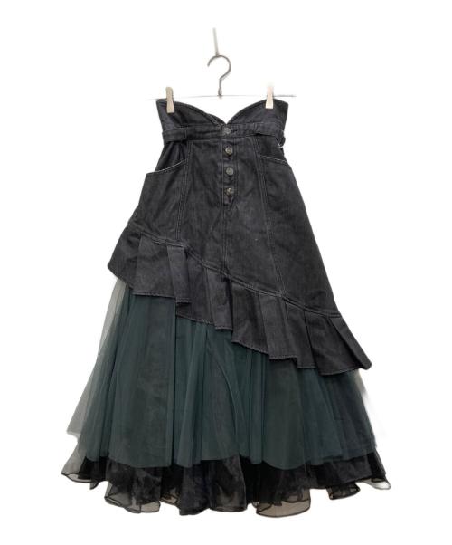 Belle vintage（ベル ヴィンテージ）BELLE VINTAGE (ベル ヴィンテージ) デニム切替スカート ブラック×グリーン サイズ:freeの古着・服飾アイテム