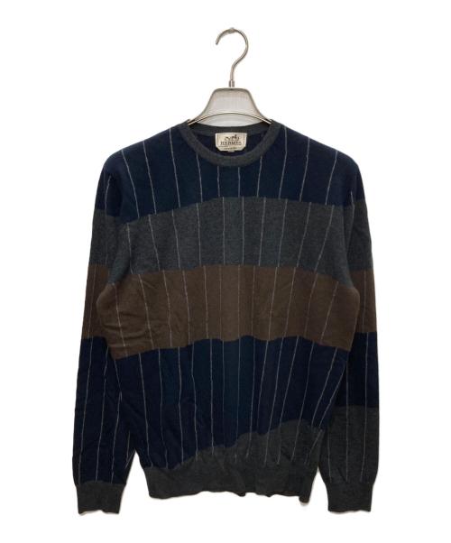 HERMES（エルメス）HERMES (エルメス) カシミヤニット グレー×ネイビー サイズ:XLの古着・服飾アイテム