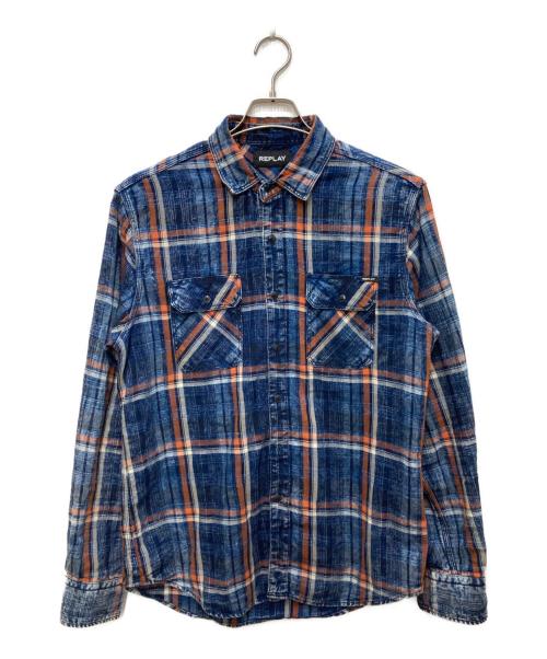 REPLAY（リプレイ）REPLAY (リプレイ) ブリーチ加工 インディゴチェック コットン シャツ ネイビー サイズ:Ｍの古着・服飾アイテム