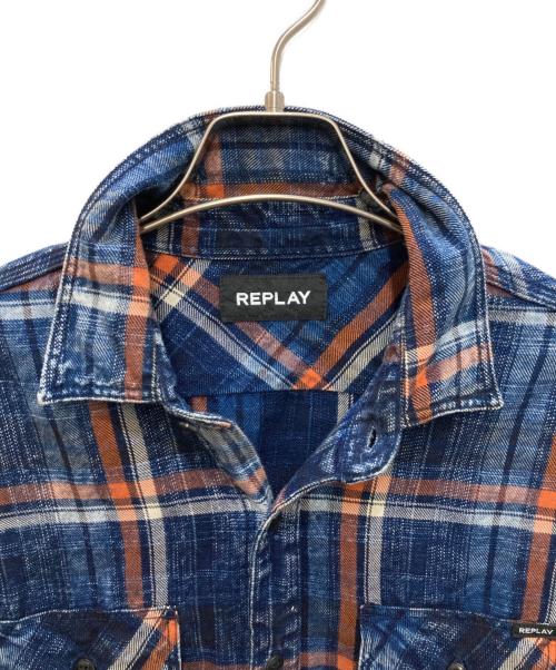 REPLAY（リプレイ）REPLAY (リプレイ) ブリーチ加工 インディゴチェック コットン シャツ ネイビー サイズ:Ｍの古着・服飾アイテム