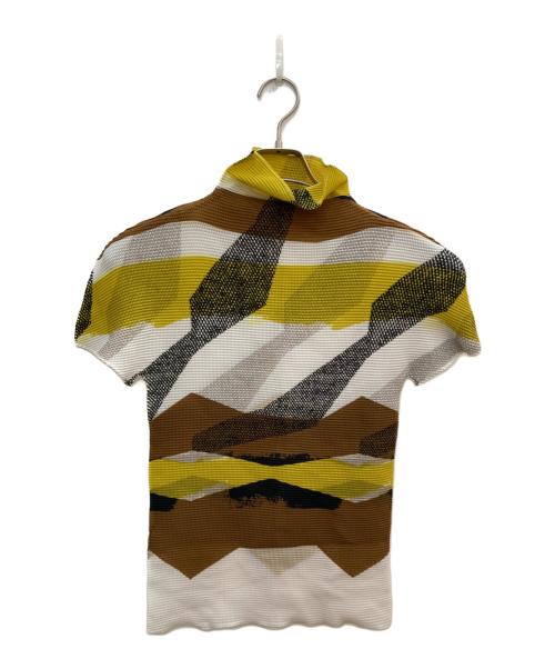 me ISSEY MIYAKE（ミーイッセイ ミヤケ）me ISSEY MIYAKE (ミーイッセイ ミヤケ) 幾何学柄プリーツカットソー ホワイト×イエロー サイズ:FREEの古着・服飾アイテム