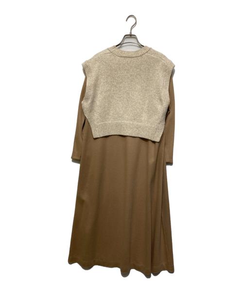 BALLSEY（ボールジィ）BALLSEY (ボールジィ) ミルドウールニットコンビ フレアワンピース ベージュ サイズ:36の古着・服飾アイテム