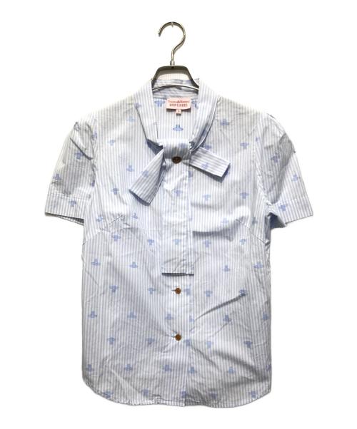 Vivienne Westwood（ヴィヴィアンウエストウッド）Vivienne Westwood (ヴィヴィアンウエストウッド) ストライプボウタイブラウス ホワイト×ブルー サイズ:3の古着・服飾アイテム