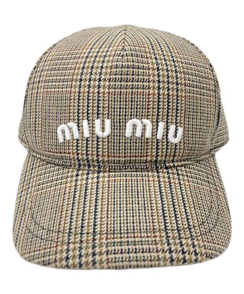 MIU MIU（ミュウミュウ）MIU MIU (ミュウミュウ) グレンチェックキャップ ブラウン サイズ:Mの古着・服飾アイテム