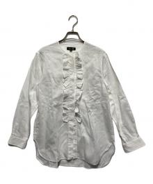 DRAWER（ドゥロワー）の古着「ホワイトストライプフリルノーカラーシャツ」｜ホワイト