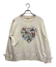 Super Beauty（スーパービューティ）の古着「胸元Paris刺しゅう入りフリルデザインセーター」｜ベージュ