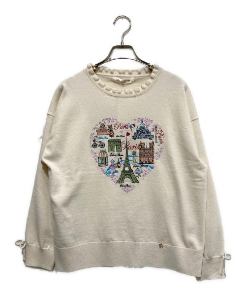 Super Beauty（スーパービューティ）Super Beauty (スーパービューティ) 胸元Paris刺しゅう入りフリルデザインセーター ベージュ サイズ:42 未使用品の古着・服飾アイテム