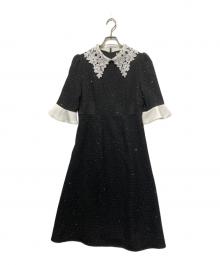 LeJa（レジャ）の古着「花柄レースカラースパンコール刺繍Aラインフレアドレス」｜ブラック