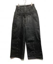 DARKRTPTS（ダークアールティーピーティーエス）の古着「double Waist Drawstring Waxed Studded Denim Pants」｜ブラック