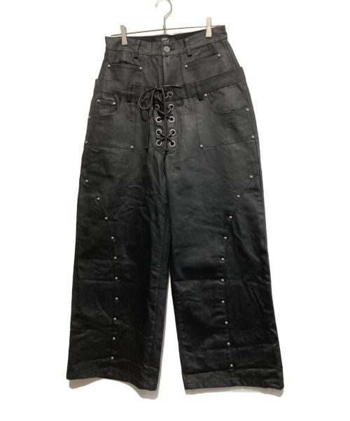 DARKRTPTS（ダークアールティーピーティーエス）DARKRTPTS (ダークアールティーピーティーエス) double Waist Drawstring Waxed Studded Denim Pants ブラック サイズ:Lの古着・服飾アイテム