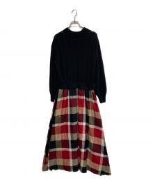 BLUE LABEL CRESTBRIDGE（ブルーレーベルクレストブリッジ）の古着「クレストブリッジチェック切替ニットワンピース」｜ブラック×パープル