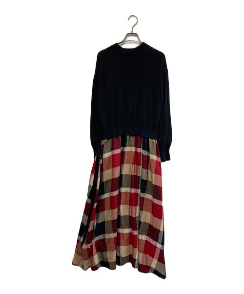 BLUE LABEL CRESTBRIDGE（ブルーレーベルクレストブリッジ）BLUE LABEL CRESTBRIDGE (ブルーレーベルクレストブリッジ) クレストブリッジチェック切替ニットワンピース ブラック×パープル サイズ:38の古着・服飾アイテム
