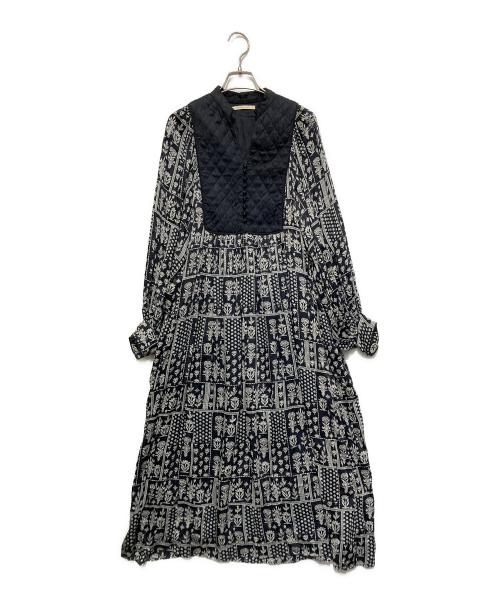 ne quittez pas（ヌキテパ）ne quittez pas (ヌキテパ) MODAL SATIN PATCHWORK PRINT DRESS ブラック サイズ:Ｍの古着・服飾アイテム