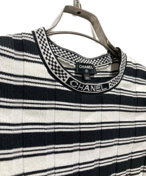 CHANEL（シャネル）CHANEL (シャネル) P74 ココマークプレート ボーダー ショートスリーブニット ブラック×ホワイト サイズ:34の古着・服飾アイテム