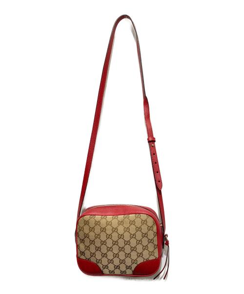 GUCCI（グッチ）GUCCI (グッチ) GGキャンバス レザーショルダーバッグ ベージュ×レッドの古着・服飾アイテム