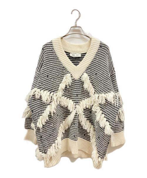 ZARA（ザラ）ZARA (ザラ) MAISON SPECIAL (メゾンスペシャル) フリンジ ジャカードセーター/ザラ/メゾンスペシャル ホワイト×ブラック サイズ:SMの古着・服飾アイテム