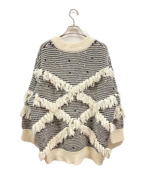 ZARA（ザラ）ZARA (ザラ) MAISON SPECIAL (メゾンスペシャル) フリンジ ジャカードセーター/ザラ/メゾンスペシャル ホワイト×ブラック サイズ:SMの古着・服飾アイテム