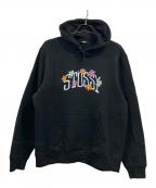 stussyステューシー）の古着「COLLEGIATE FLORAL HOODIE」｜ブラック