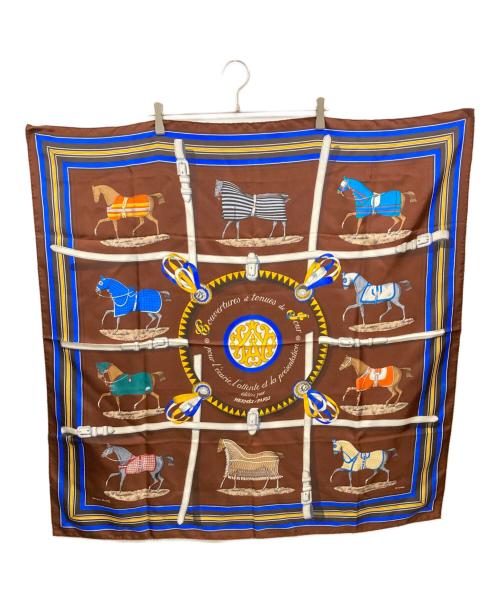 HERMES（エルメス）HERMES (エルメス) 馬着柄シルクスカーフ ブラウン×ブルーの古着・服飾アイテム