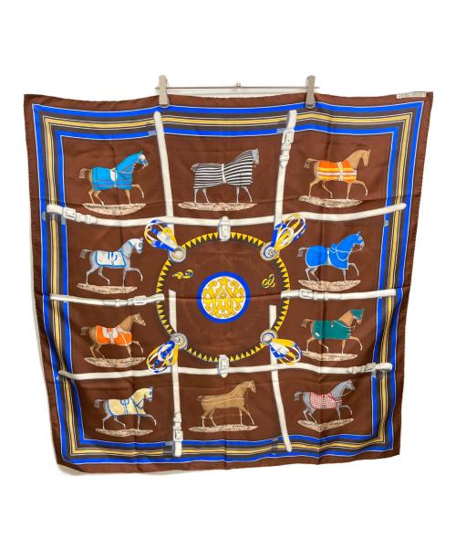 HERMES（エルメス）HERMES (エルメス) 馬着柄シルクスカーフ ブラウン×ブルーの古着・服飾アイテム