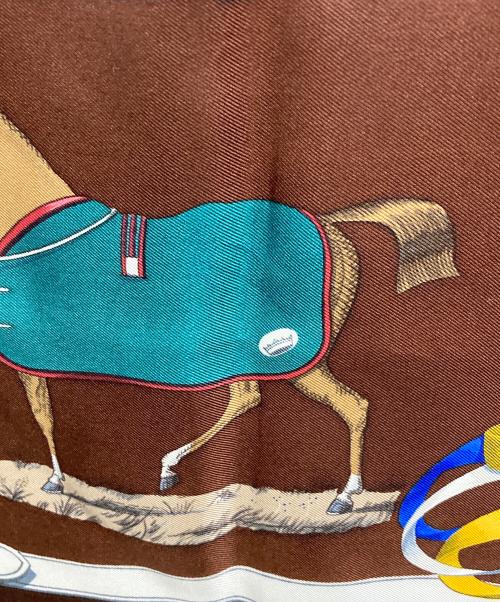 HERMES（エルメス）HERMES (エルメス) 馬着柄シルクスカーフ ブラウン×ブルーの古着・服飾アイテム