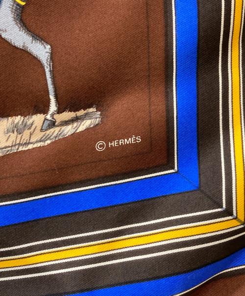 HERMES（エルメス）HERMES (エルメス) 馬着柄シルクスカーフ ブラウン×ブルーの古着・服飾アイテム