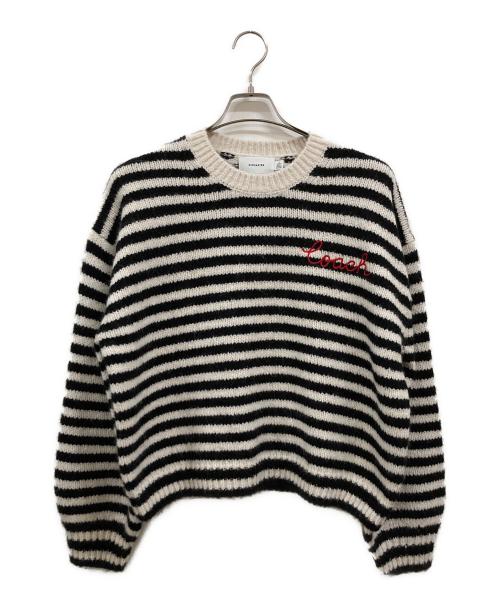COACH（コーチ）COACH (コーチ) アルパカ混ボーダー刺繍ニット ホワイト×ブラック サイズ:Sの古着・服飾アイテム