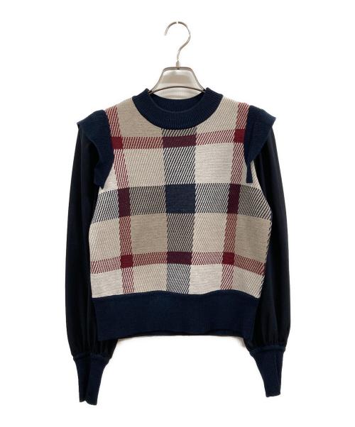 BLUE LABEL CRESTBRIDGE（ブルーレーベルクレストブリッジ）BLUE LABEL CRESTBRIDGE (ブルーレーベルクレストブリッジ) ジャガードニットセットアップ ネイビー×ベージュ サイズ:38の古着・服飾アイテム