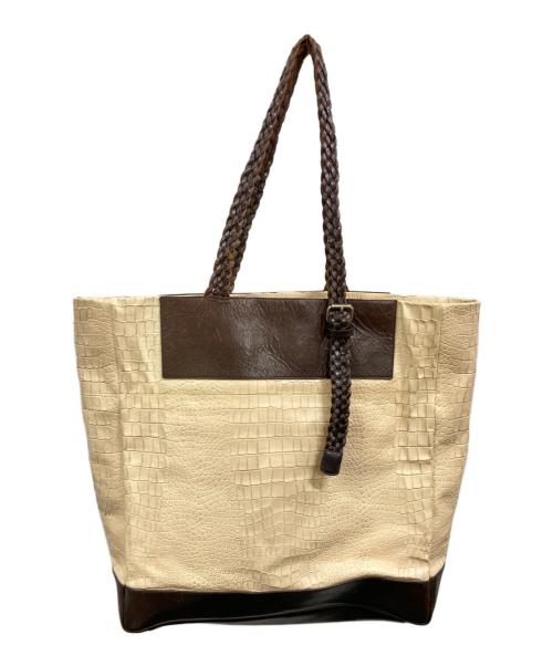 DRIES VAN NOTEN（ドリスヴァンノッテン）DRIES VAN NOTEN (ドリスヴァンノッテン) クロコ型編み込みハンドルトートバッグ アイボリー×ブラウンの古着・服飾アイテム