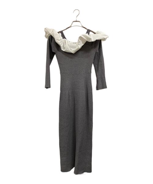 Snidel（スナイデル）Snidel (スナイデル) フリルドッキングオフショルニットワンピース グレー×ホワイト サイズ:FREEの古着・服飾アイテム