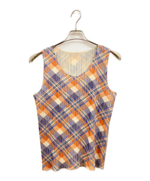 PLEATS PLEASE（プリーツプリーズ）PLEATS PLEASE (プリーツプリーズ) プリーツノースリーブカットソー オレンジ×ブルー サイズ:4の古着・服飾アイテム