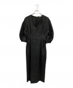 VERMEIL par ienaヴェルメイユ パー イエナ）の古着「P/Ryツイルウエストシェイプ パフスリーブワンピース」｜ブラック