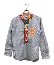 COMME des GARCONS（コムデギャルソン）の古着「ノーカラーパッチワークストライプシャツ」｜ブルー