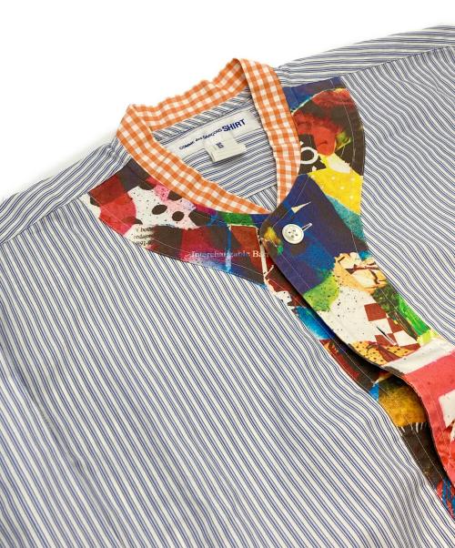 COMME des GARCONS（コムデギャルソン）COMME des GARCONS (コムデギャルソン) ノーカラーパッチワークストライプシャツ ブルー サイズ:XSの古着・服飾アイテム