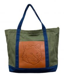 maison kitsune（メゾンキツネ）の古着「フォックスヘッド レザーポケット トートバッグ」｜グリーン