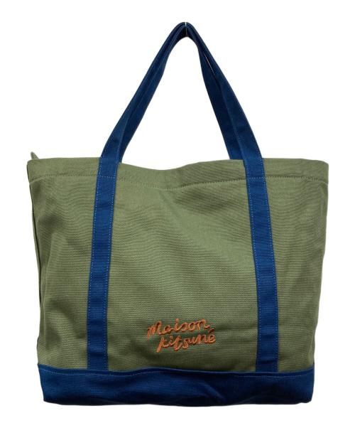 maison kitsune（メゾンキツネ）MAISON KITSUNE (メゾンキツネ) フォックスヘッド レザーポケット トートバッグ グリーンの古着・服飾アイテム