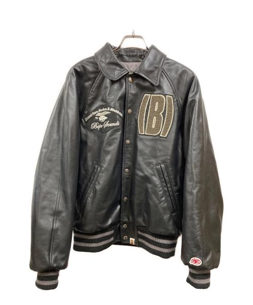 A BATHING APE（アベイシングエイプ）A BATHING APE (アベイシングエイプ) B)APE LEATHER VARSITY JACKET ブラック サイズ:Mの古着・服飾アイテム