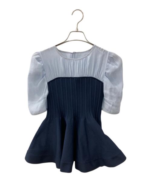 JUSGLITTY（ジャスグリッティー）JUSGLITTY (ジャスグリッティー) 5分袖シアーブラウスレイヤードニット ネイビー サイズ:2の古着・服飾アイテム