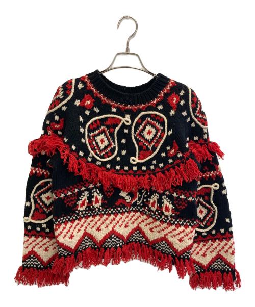 I.S.（アイエス）I.S. (アイエス) フリンジペイズリー柄ニット レッド×ブラック サイズ:9の古着・服飾アイテム