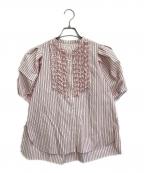 MARILYN MOONマリリンムーン）の古着「modern tuck frill volume sleeve blouse」｜ピンク×ホワイト