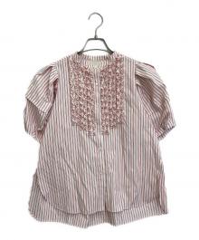 MARILYN MOON（マリリンムーン）の古着「modern tuck frill volume sleeve blouse」｜ピンク×ホワイト
