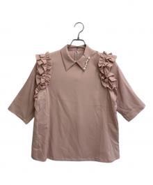 hue DAY TO EVENING（ヒュー デイ トゥ イブニング）の古着「パール付きフリルブラウス」｜ピンク