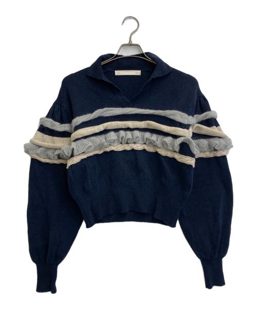 LEINWANDE（ラインヴァンド）LEINWANDE (ラインヴァンド) Textured Ruffle Sleeve Polo ネイビー×ベージュ サイズ:SIZE Freeの古着・服飾アイテム