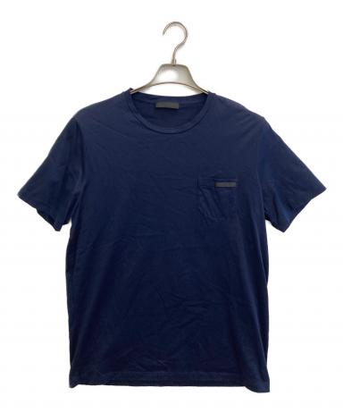 PRADA Tシャツ　ポケット　異素材切り替え　ロゴ　ネイビー　XL 中古・古着通販】PRADA (プラダ) ロゴテープポケットTシャツ ネイビー
